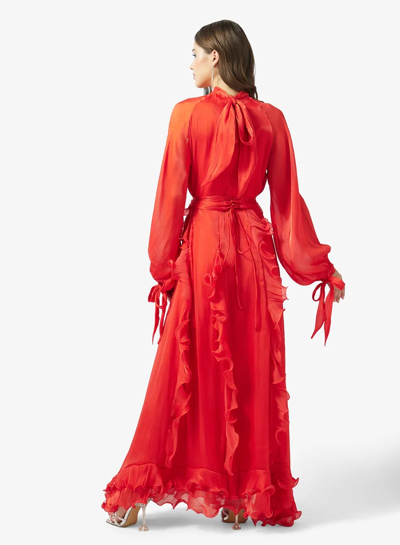 Ginger Boutique Mockneck Gather Frill Detail A Line Dress